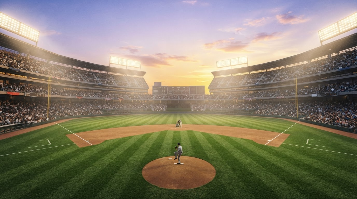 Lanzador en el montículo de un estadio de béisbol al atardecer